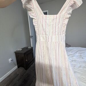 NWT LOFT 100% Cotton Striped Metallic Ruffle Midi Dress